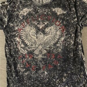 Affliction Black & Gray Distressed Eagle Graphic Tee with Red Accents
